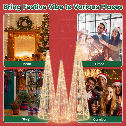 Set of 3 Pre-lit Christmas Cone Tree Set with Star Strings Xmas Decor for Lawn