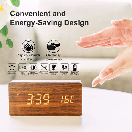 Wooden LED Digital Alarm Clock Temperature Bedside Table Time Display Room Decor