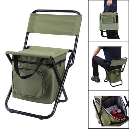 Portable Camping Chair with Cooler Bag Compact Folding Fishing Stool Backrest (Green)