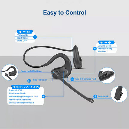 Bluetooth 5.3 Bone Conduction Headset Wireless Headphones & Removable Mic