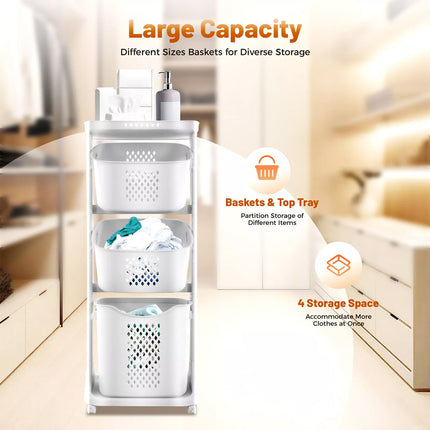 Laundry Basket Clothes Washing Storage Hamper Bin Wheeled Removable 3 Tier Shelf