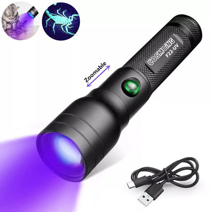 Zoom 395nm UV Light Blacklight Rechargeable Tactical LED Flashlight Lamp