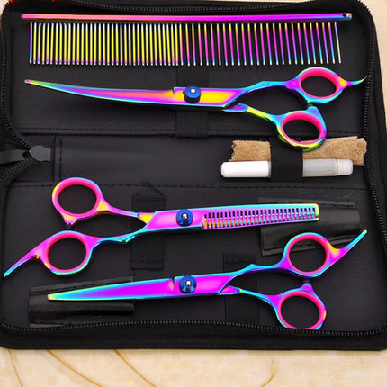 7'' Pet Hair Scissors Set Dog Grooming Cutting Thinning Curved Shears Tools