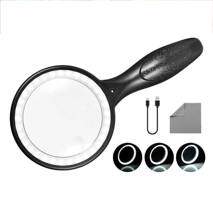 Handheld 5X/10X Magnifier Reading Magnifying Glass Jewelry Loupe With Light USB