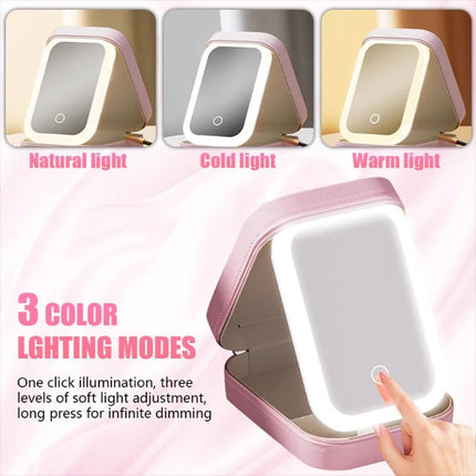 Makeup Travel Case with Mirror LED Light Cosmetic Bag Portable Storage Gift （Pink）