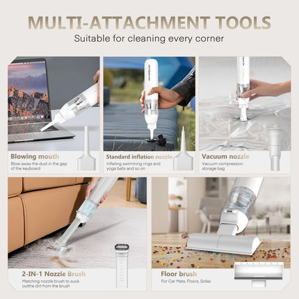 Handheld Vacuum for Car 18kPa Blows Dust w Crevice Tool Brush