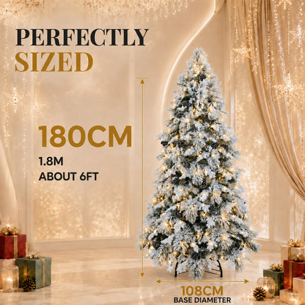 180cm Snow Flocked Christmas Tree Warm 220 LEDs Light Pre Lit Pine Cone Winter Xmas Decor