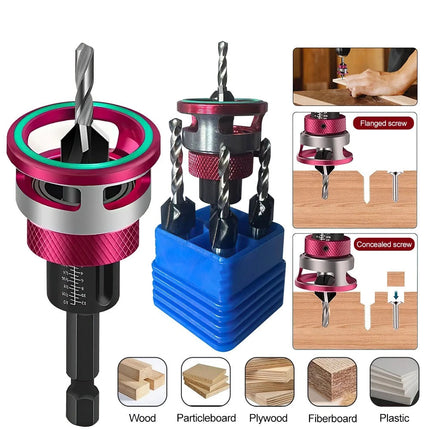 6PCS Woodworking Countersink Drill Bit Set with Adjustable Depth Stop Control