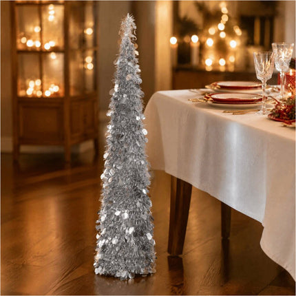 Foldable Christmas Tree Retractable Tinsel Tree Holiday Decor Silver