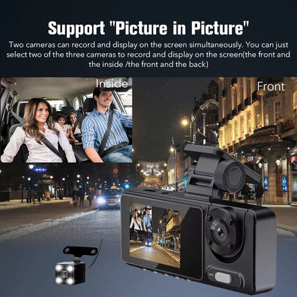 HD 1080P Dash Camera Front and Rear Inside Car DVR Dash Cam Video Recorder 3 Len