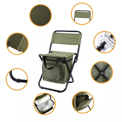 Portable Camping Chair with Cooler Bag Compact Folding Fishing Stool Backrest (Green)