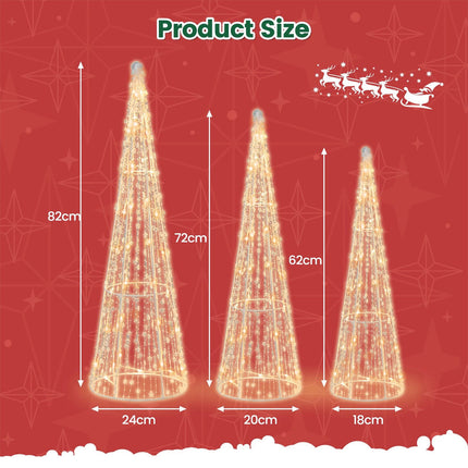 Set of 3 Pre-lit Christmas Cone Tree Set with Star Strings Xmas Decor for Lawn