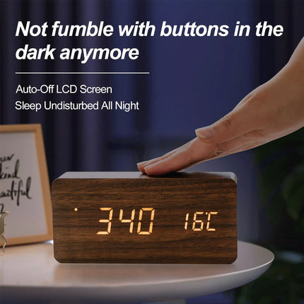 Wooden LED Digital Alarm Clock Temperature Bedside Table Time Display Room Decor