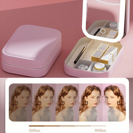 Makeup Travel Case with Mirror LED Light Cosmetic Bag Portable Storage Gift （Pink）
