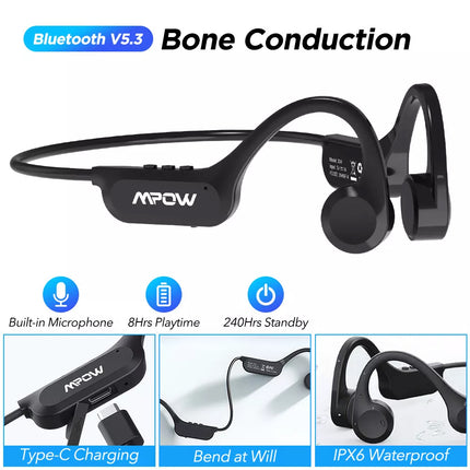 Bone Conduction Wireless Headphones Bluetooth 5.3 Headset Sport Swimming Earbuds