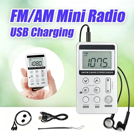 Portable FM/AM Mini Radio Pocket Receiver Digital LCD Stereo Earphone Set USB