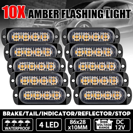 10x Amber 4 LED Car Truck Emergency Beacon Warning Hazard Flashing Strobe Light