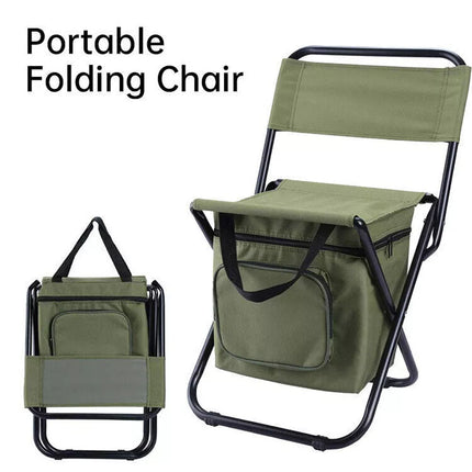 Portable Camping Chair with Cooler Bag Compact Folding Fishing Stool Backrest (Green)