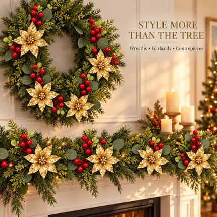 6Pcs Christmas Tree Branch Picks Artificial Poinsettia Floral Spray Xmas Wreath Green