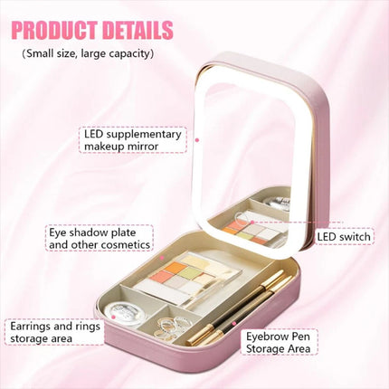 Makeup Travel Case with Mirror LED Light Cosmetic Bag Portable Storage Gift （Pink）