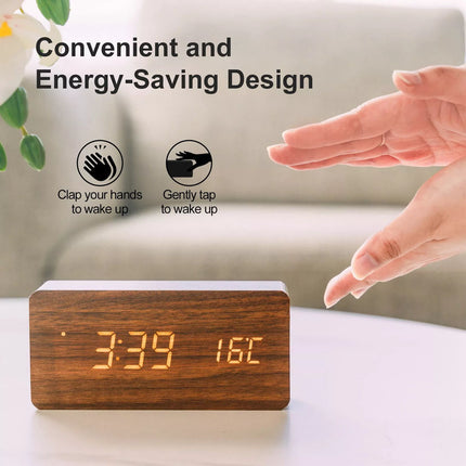 Wooden LED Digital Alarm Clock Temperature Bedside Table Time Display Room Decor