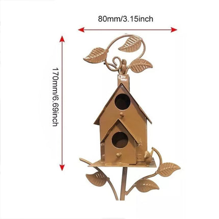 Outdoor Iron Birdhouse Garden Stakes - Metal Craft Bird House for Yard Decor D