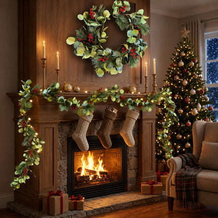 180cm Christmas Eucalyptus & Berry Garland with Pine Needles Festive Greenery Decor