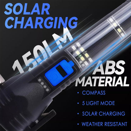 Premium Solar Power LED Torch Multi-functional USB Phone Charge, Compass, Hammer