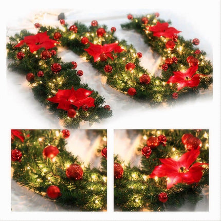 Red with Lights 9FT Xmas Christmas Garland Artificial Wreath with LED Lights Stairs Home Rattan
