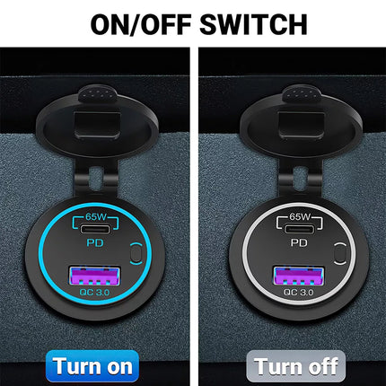 65W 12/24V PD USB C Laptop Car Charger 18W QC3.0 USB Outlet Socket for Car Boat