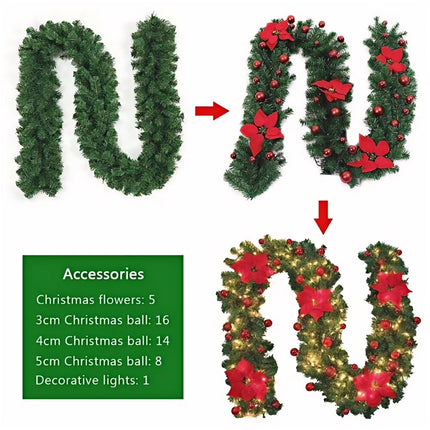 Red with Lights 9FT Xmas Christmas Garland Artificial Wreath with LED Lights Stairs Home Rattan