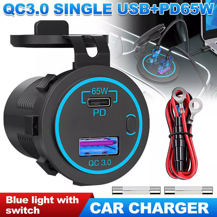 65W 12/24V PD USB C Laptop Car Charger 18W QC3.0 USB Outlet Socket for Car Boat