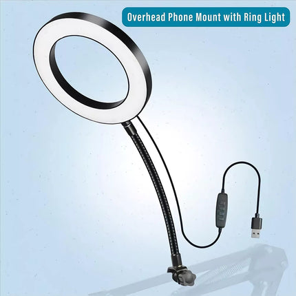 Overhead Phone Mount with Ring Light, Flexible Arm Tripod Phone Camera Holder