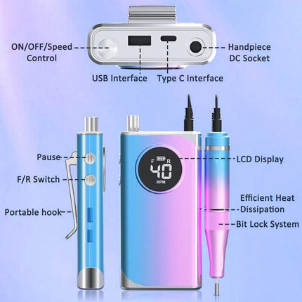 Portable Rechargeable Electric Cordless Nail Drill Machine Art File Manicure Kit