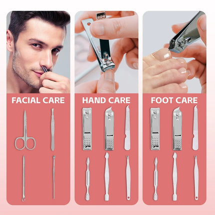 10PCS Nail Clippers Set Stainless Manicure Pedicure Kit Cuticle Grooming Case