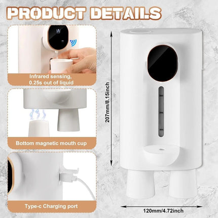 Touchless Automatic Mouthwash Dispenser 540ml with 2 Cups Rechargeable Wall
