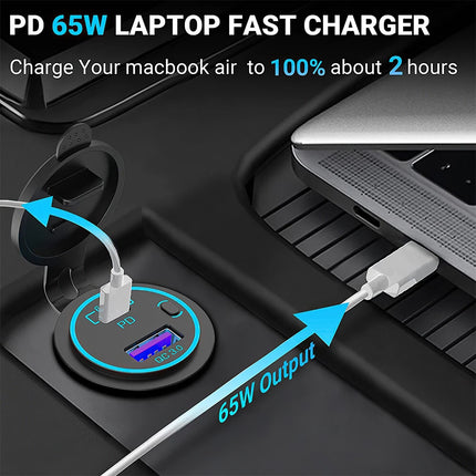 65W 12/24V PD USB C Laptop Car Charger 18W QC3.0 USB Outlet Socket for Car Boat