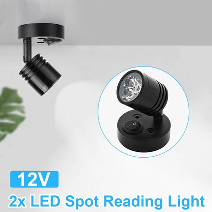 2X LED Swivel Reading Light 12V Campervan Caravan Boat Interior Wall Spot Lamp