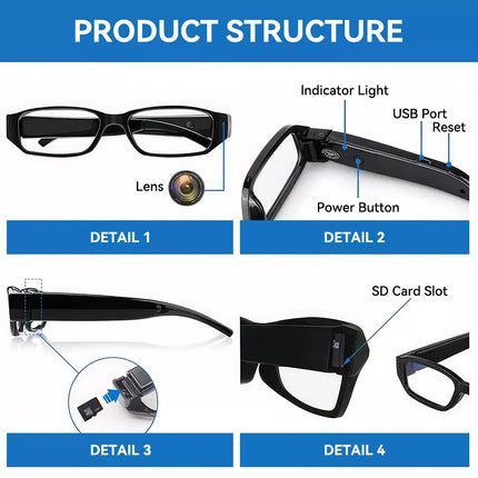 Mini Glasses Camera Wearable Security Camera 1080P Video Recorder Sports Camera