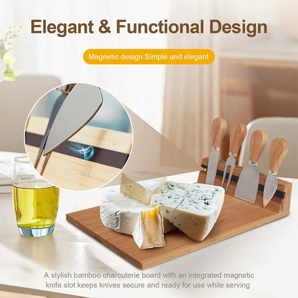 Bamboo Cheese Cutting Board & Knife Set Wooden Serving Boards & Cheese Knives