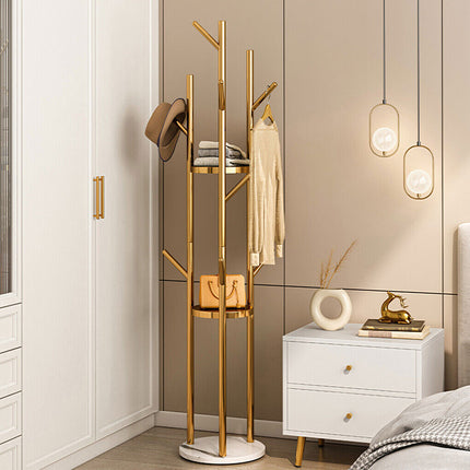 Golden Pole Tree Metal Coat Rack Stand Hooks Hanger Stable Marble Base Standing
