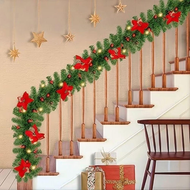 Red with Lights 9FT Xmas Christmas Garland Artificial Wreath with LED Lights Stairs Home Rattan