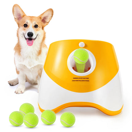 Dog Ball Launcher Thrower Automatic Tennis Fetch Throwing Machine + 6 Balls