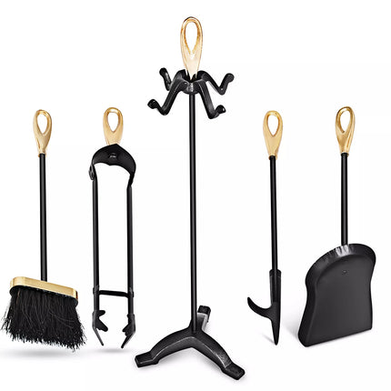 5 PCS Iron Fireplace Set Utility Tool Set Shovel Poker Tongs Stand Stove