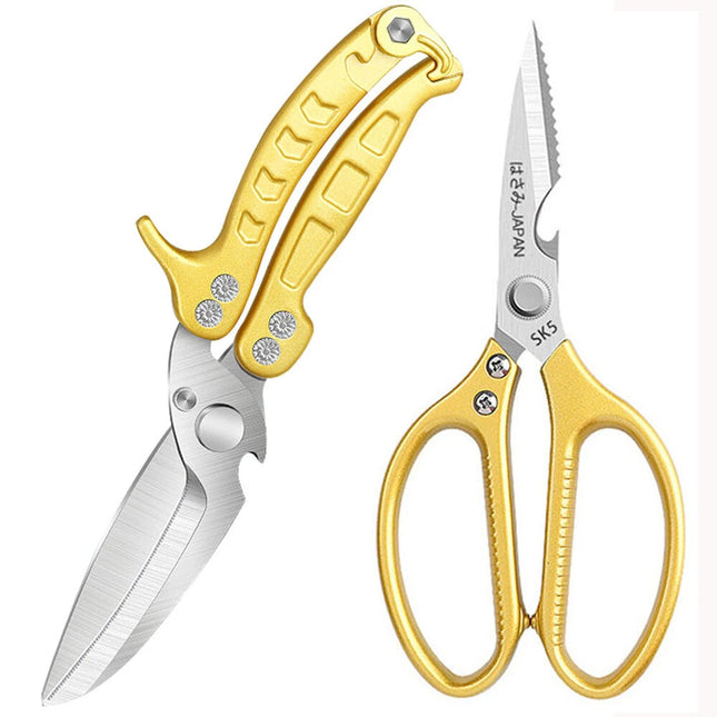 2Pcs Kitchen Scissors Fish Meat Chicken Bone Sharp Shears Beer Cap Opener Golden