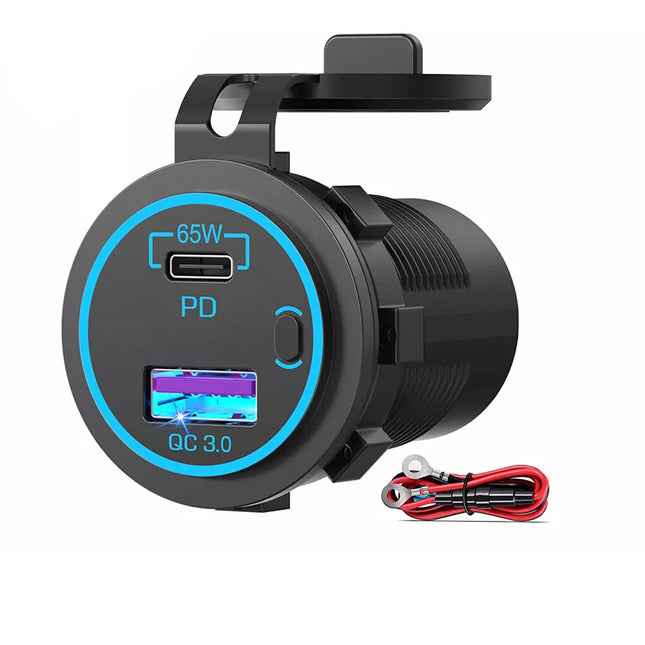 65W 12/24V PD USB C Laptop Car Charger 18W QC3.0 USB Outlet Socket for Car Boat