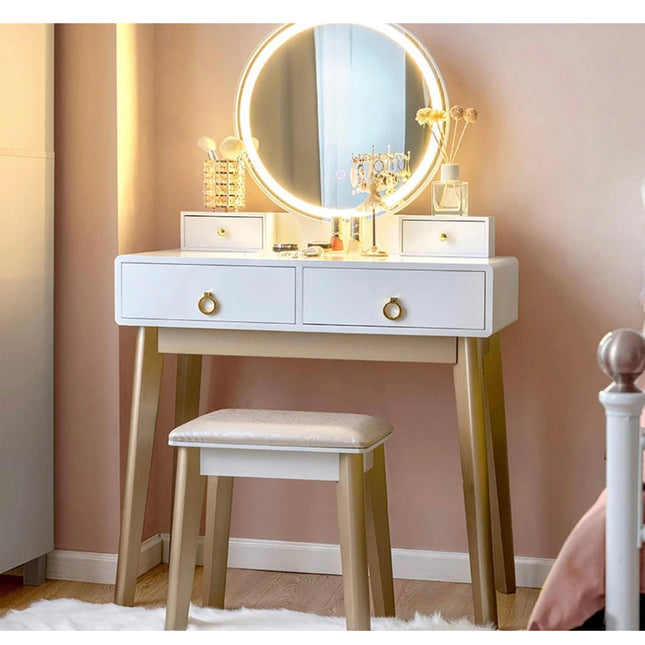 Vanity Desk with Mirror, Vanity Stool Lights & 3-Color Lighting for Makeup