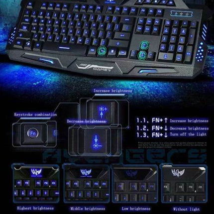 Gaming Keyboard 3 Colour Led Back-light Wired USB Illuminated Cool Ergonomic PC