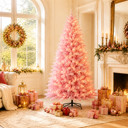 210cm 7FT Pink Snow Flocked Christmas Tree Pre-Lit 350LED Warm White Xmas Decor