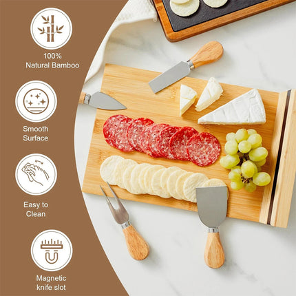 Bamboo Cheese Cutting Board & Knife Set Wooden Serving Boards & Cheese Knives